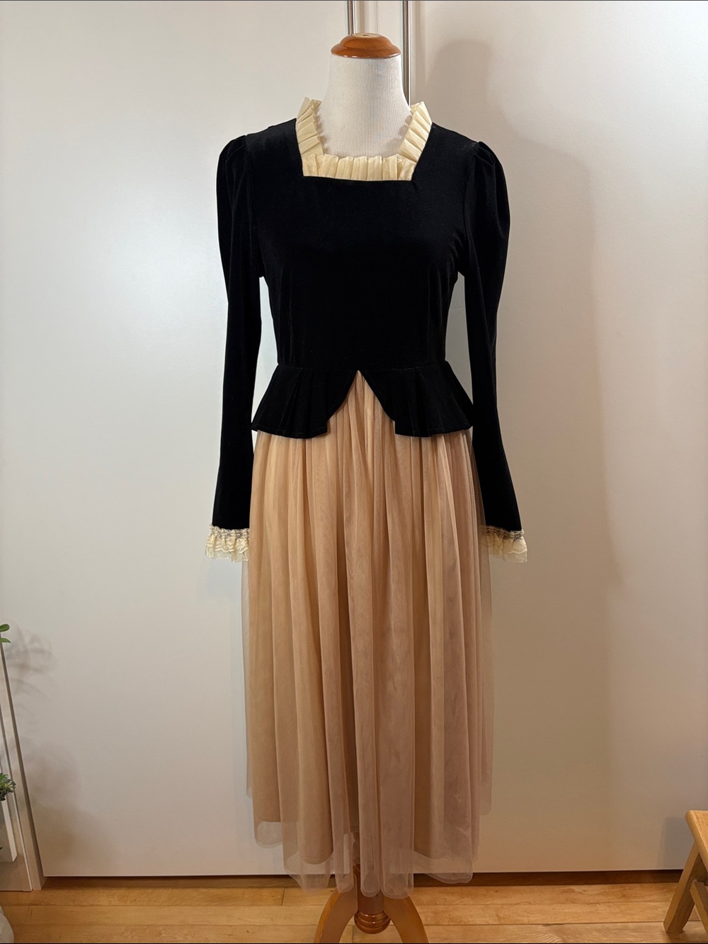 Black Velvet & Nude Tulle Peplum Pleated Midi Dress with Lace Cuffs M